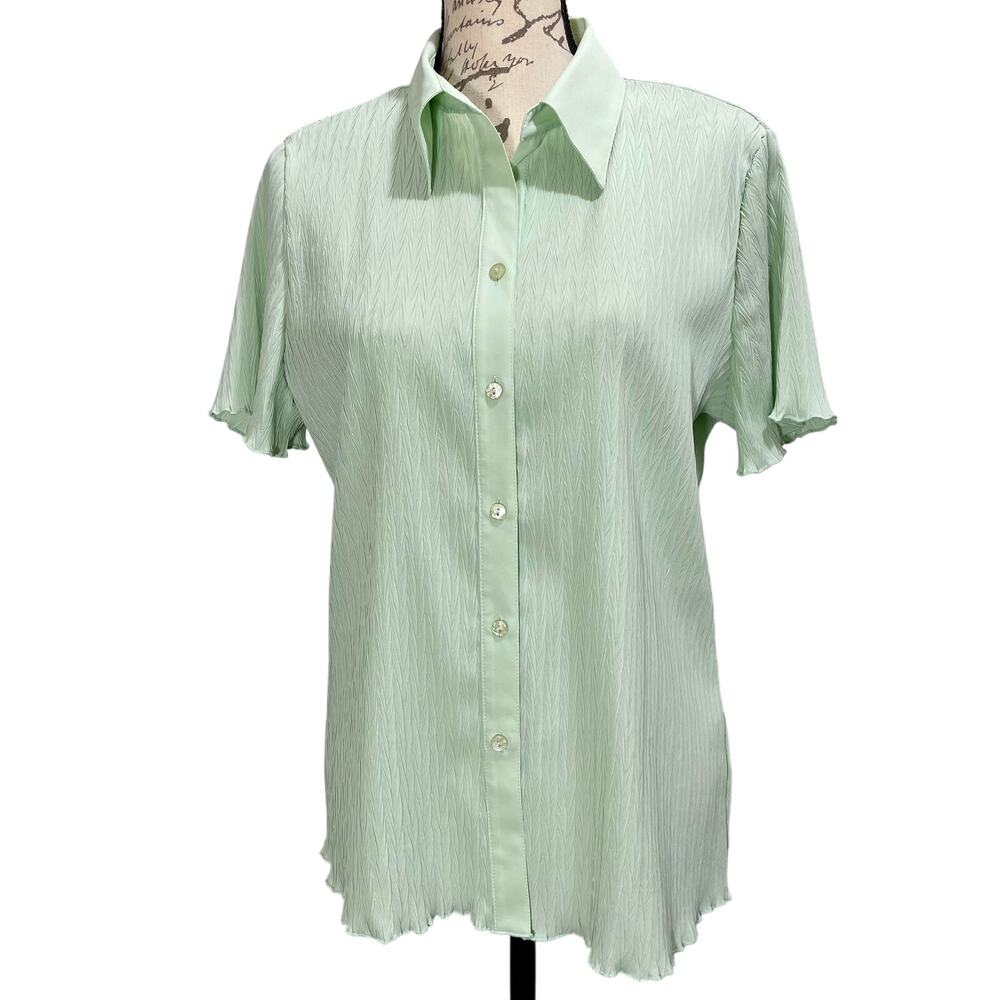 Vintage 90s Joanna Crinkle Textured Button-Up Collared Short Sleeve Blouse; Lrg